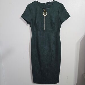 Calvin Klein Women size 6 Short Sleeve Sheath Midi Dress Gold Zipper Green Suede